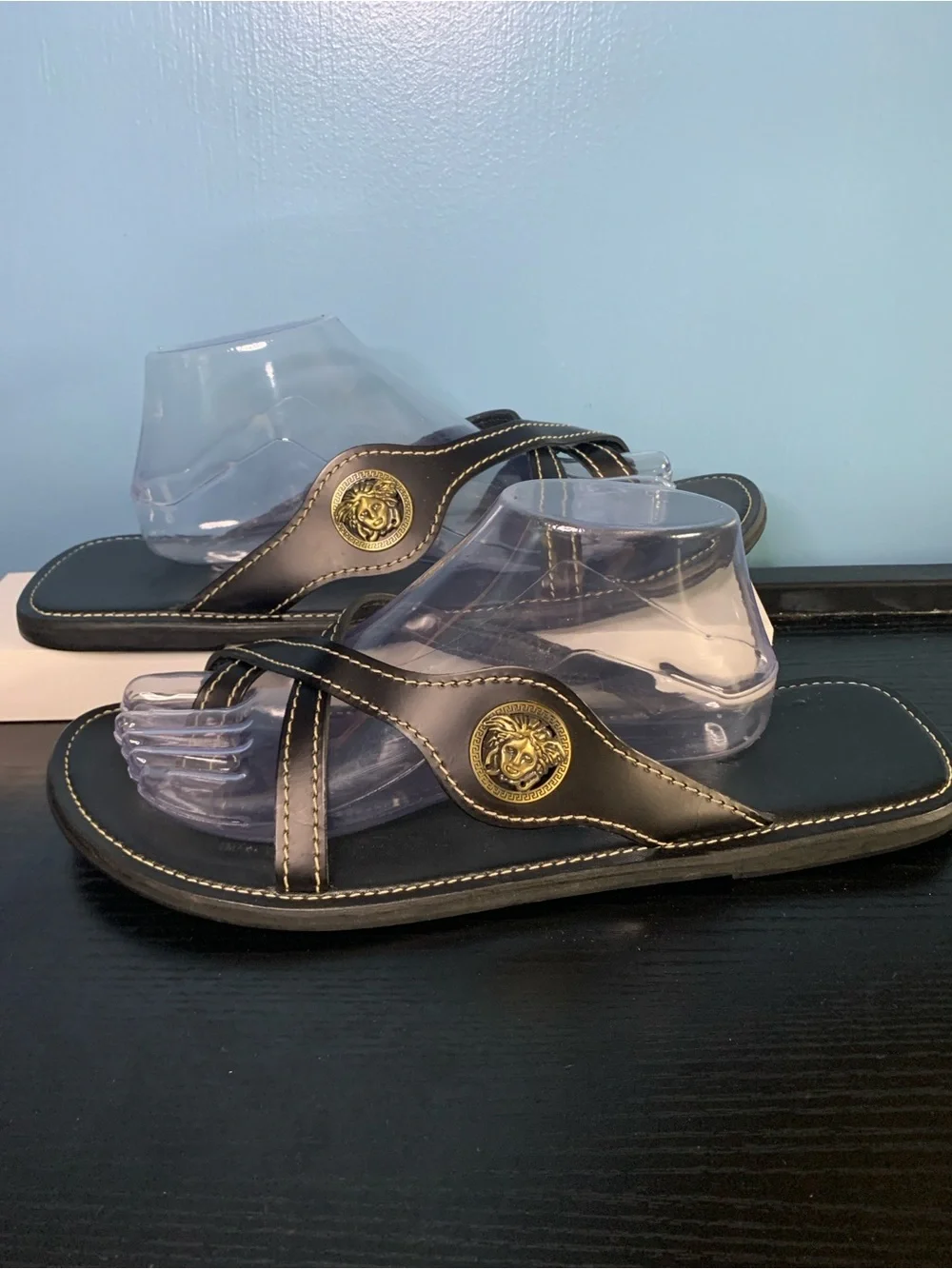 Men’s Black Leather Medallion Slide Sandals